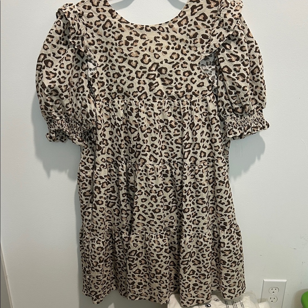 Leopard Print Tiered Puff Sleeve Mini Dress - Nude